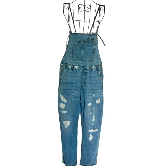 Zara Denim - Zara Distressed Ripped Denim Jean Overalls Light Wash